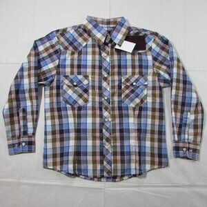 Cowgirl Legend Girl's Large Long Sleeve Plaid Snap Shirt - Blue/Brown